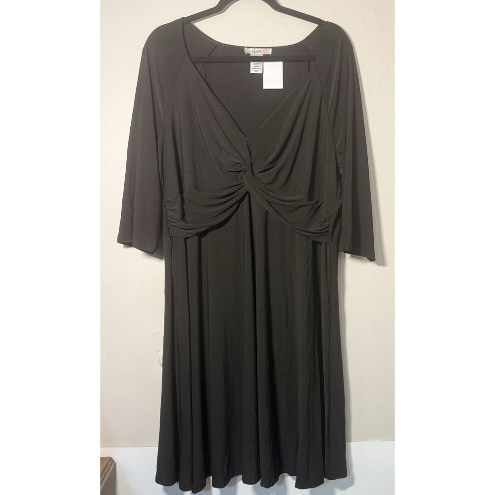 Love Squared Twist Front A-line Dress Women's Size 2XL Black 3/4 Sleeve Midi NWT